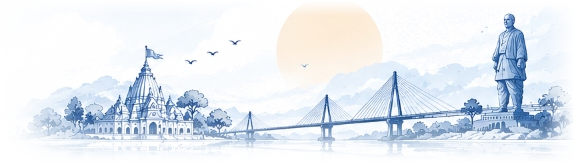 Gujarat Architectural Panorama — Somnath Temple, Cable-stayed bridge and Statue of Unity