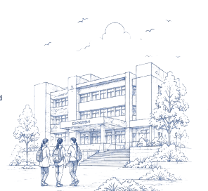 Architectural sketch of modern Gujarat school and university campus with students