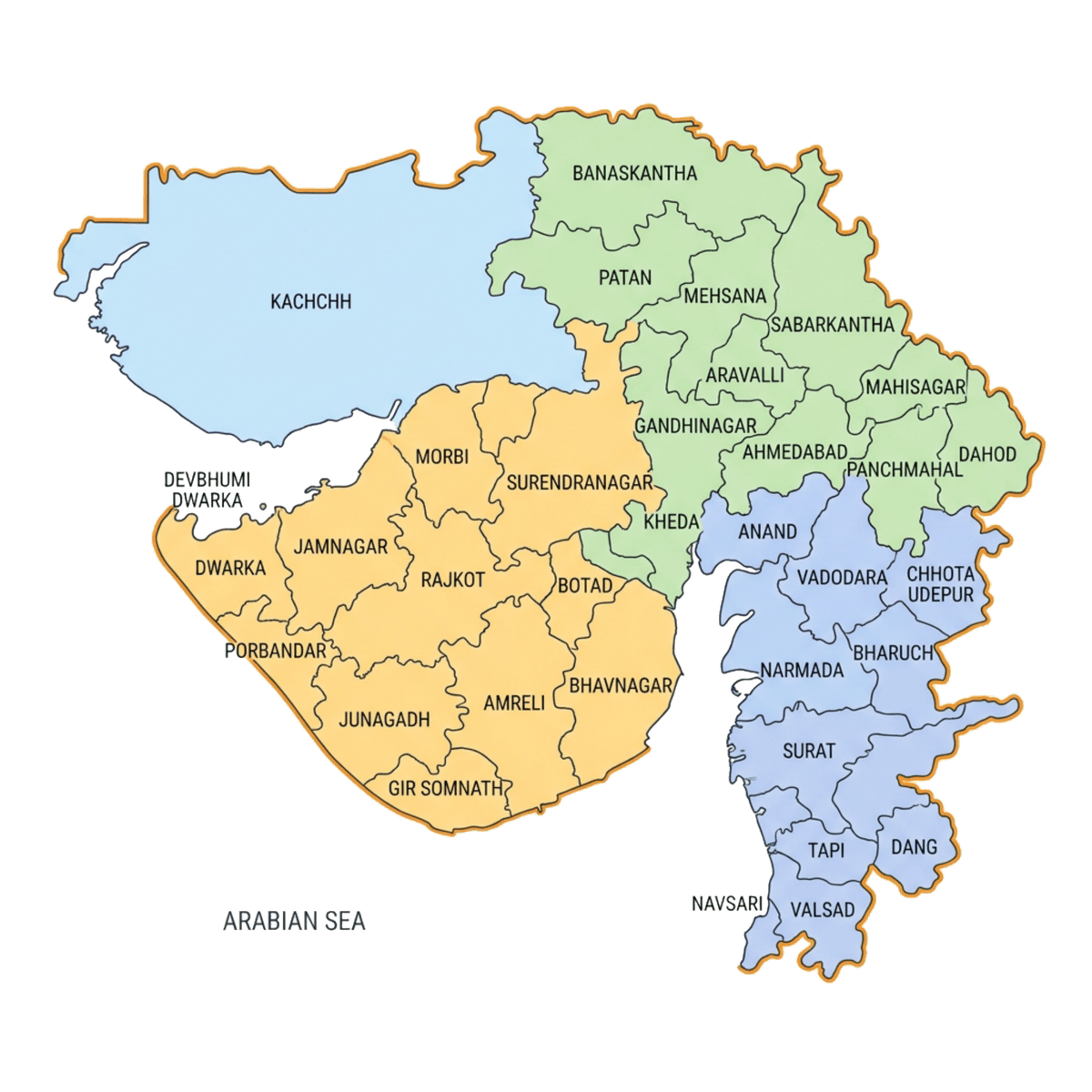 Gujarat 33 Districts Map Showcase with District Names